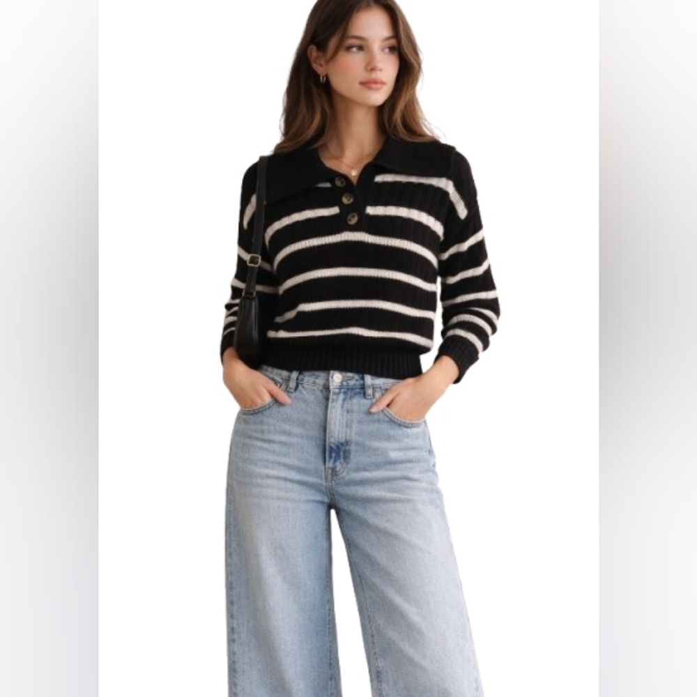 Adyson Parker Black/White Stripe 3 Button Collared Sweater Size S Drop Shoulder